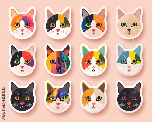 Minimal modern image of a set of pride cat stickers featuring cats with rainbow fur and pride accessories  centered on a clean pastel background  vibrant colors  simple design