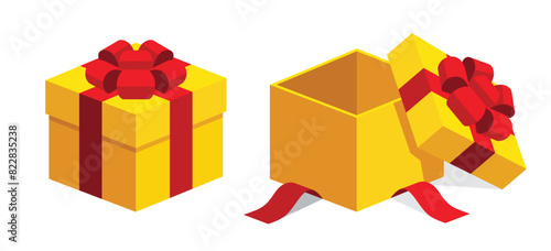 Single colourfu square yellow gift boxes with red ribbon flat design illustration. Open / close. Isometric vector interface elements for app icon ui banner web invitation isolated on white background