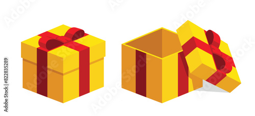 Single colourfu square yellow gift boxes with red ribbon flat design illustration. Open / close. Isometric vector interface elements for app icon ui banner web invitation isolated on white background