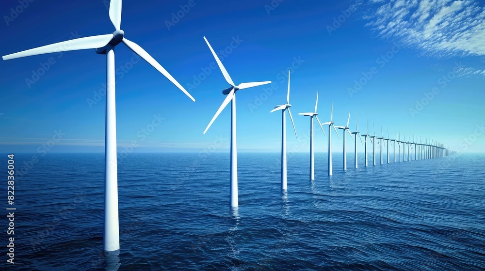 row of wind turbines along a coastline, harnessing the strong coastal winds to generate electricity