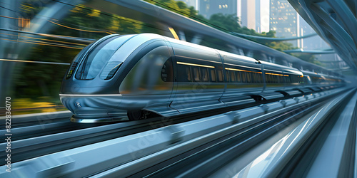 Silver High-Speed Maglev Train: Featuring a high-speed train system that connects different parts of the futuristic city with advanced magnetic levitation technology.