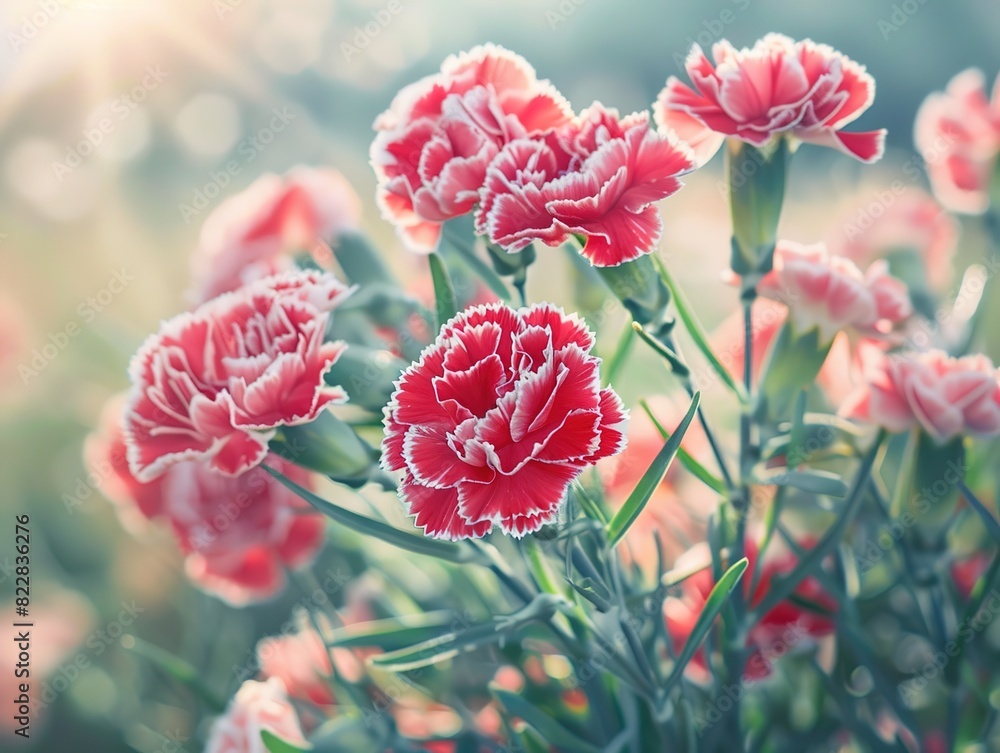 Vibrant Bouquet of Red Carnations with White Edges Blooming in the Sun. Surrounded by Green Leaves and Distant Mountains with a Warm, Soft Light Atmosphere. Detailed Closeup of Delicate Petals and Vib Vibrant Bouquet of Red Carnations with White Edges Blooming in the Sun. Surrounded by Green Leaves and Distant Mountains with a Warm, Soft Light Atmosphere. Detailed Closeup of Delicate Petals and Vib