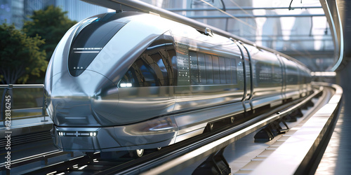 Silver High-Speed Maglev Train: Featuring a high-speed train system that connects different parts of the futuristic city with advanced magnetic levitation technology. © Lila Patel