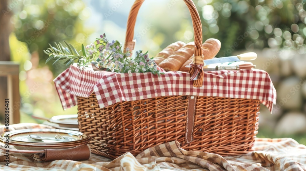 A cozy picnic basket holding all the essentials from a checkered tablecloth to reusable plates and silverware. A cozy picnic basket holding all the essentials from a checkered tablecloth to reusable plates and silverware.