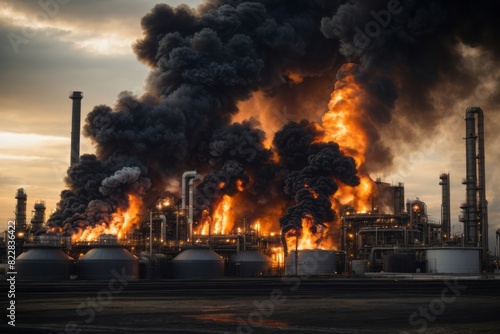 Industrial oil refinery factory fire with powerful explosion and black smoke due to incident