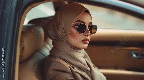 Beautiful rich young Muslim woman wearing a hijab veil and sunglasses, luxurious socialite style wearing a suit in an expensive car. © Khoirul