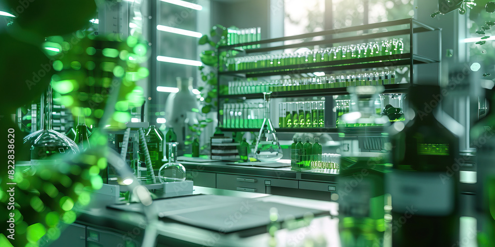 Fototapeta premium Green Biohacking Laboratory: Displaying a laboratory where scientists conduct experiments on genetic engineering and biohacking