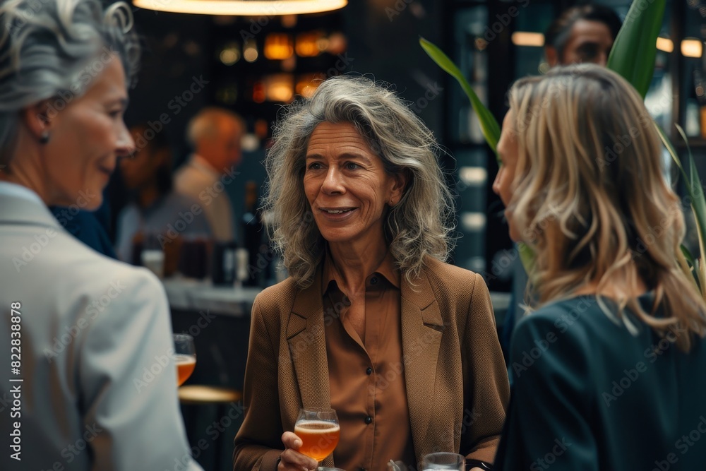 Mature businesswoman holding a glass of beer while talking with her colleagues in a pub.