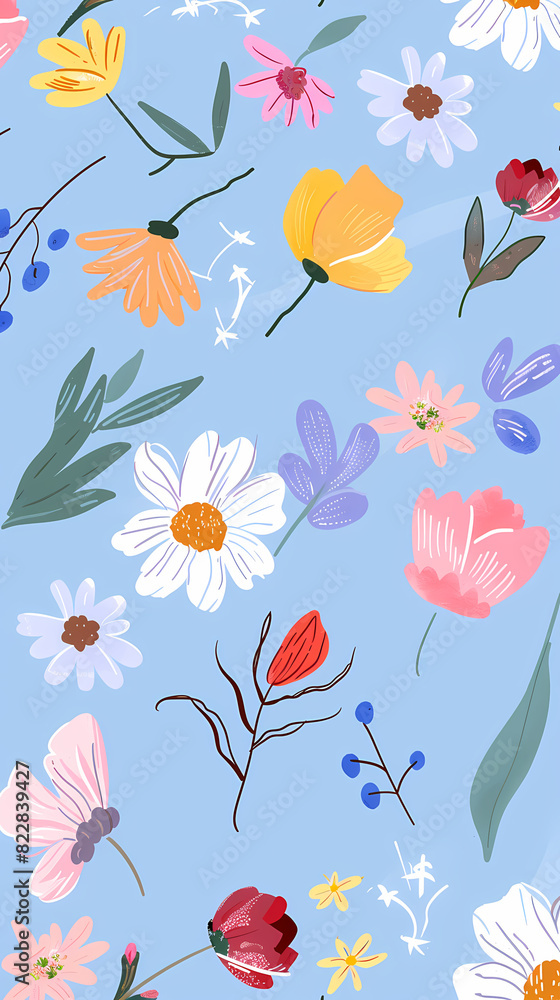 Fototapeta premium Collection of colorful floral elements in flat color. Set of spring and summer wild flowers, plants, branches, leaves and herb.