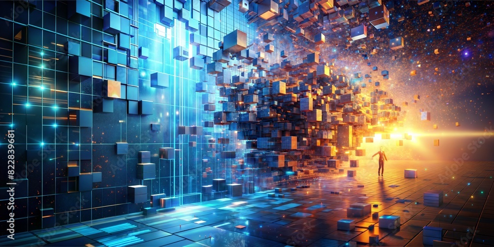 fragmented pieces of code merge into a dynamic figure composed of ...