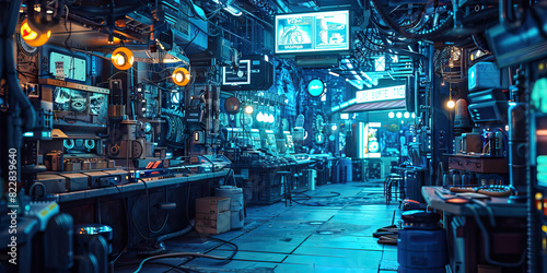 Blue Cybernetic Bazaar: Featuring a bustling marketplace where individuals buy and sell illegal cybernetic implants and technology