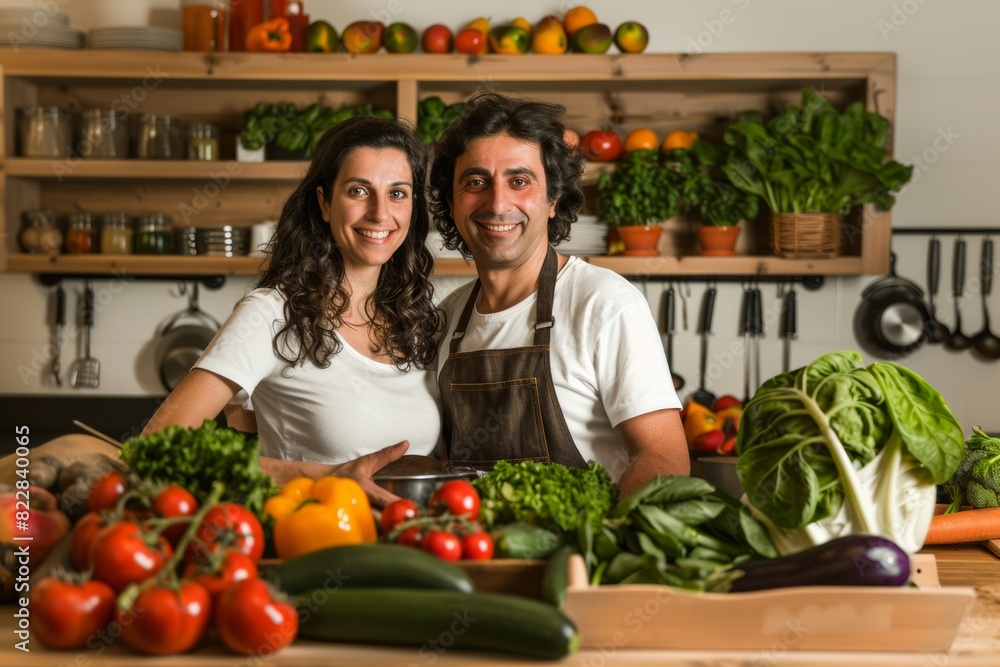 Joyful Couple Cooking Plant-Based Meal in Bright Kitchen, Emphasizing Healthy Lifestyle