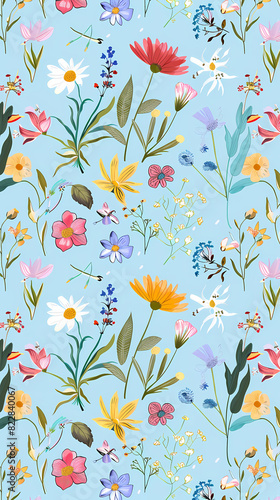Collection of colorful floral elements in flat color. Set of spring and summer wild flowers  plants  branches  leaves and herb.