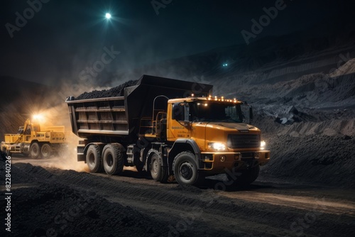 Coal mining trucks load coal and mining minerals