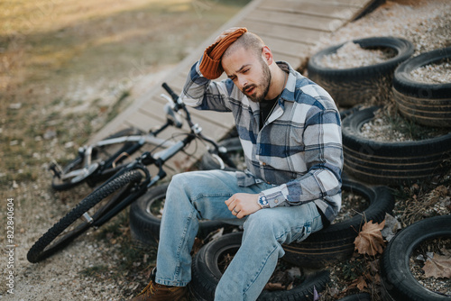 A tired casual young man sits beside a bicycle in the park, embodying relaxation and leisure in the outdoors.