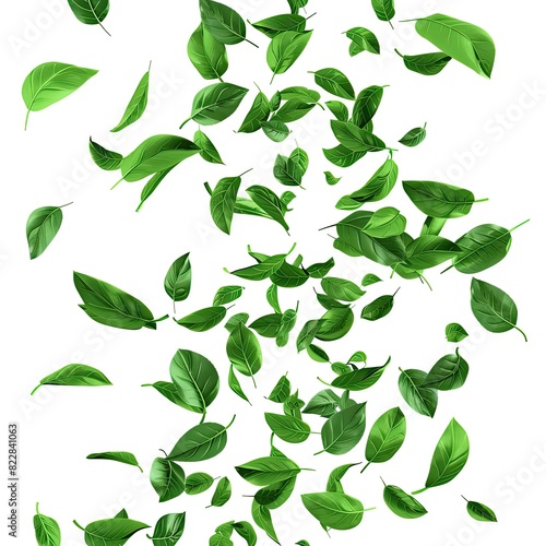 Green leaves fly motion springtime cutout 3d rendering isolated on white background  