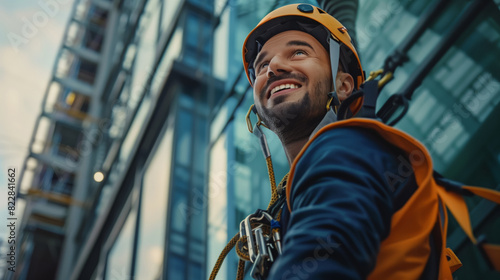 Window cleaner. An industrial climber stands at a tall business building. A man in a yellow helmet and an orange vest smiles