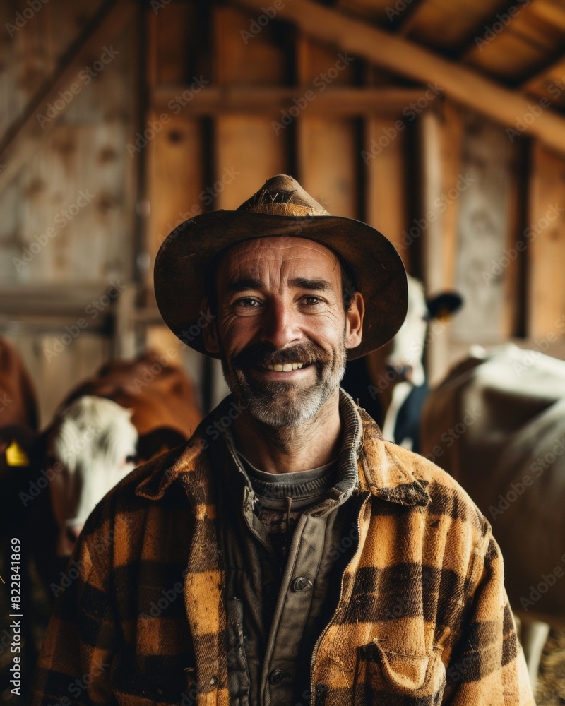 Warm Embrace of Tradition: Smiling Middle-Aged Caucasian Male Dairy Farmer in Barn at Dusk, Celebrating Farmer's Day, Surrounded by Cows
