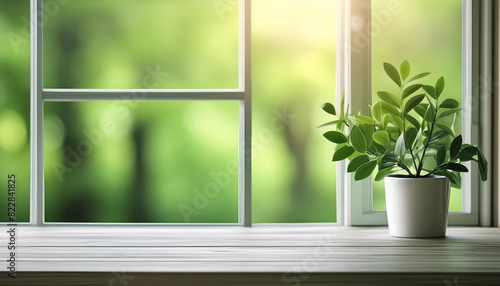 Nature of green leaf in garden at summer under sunlight view through window background. Natural green leaves background environment ecology or greenery wallpaper with copy space