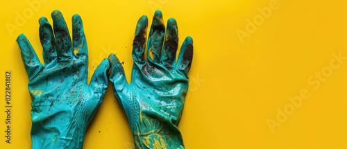 Pair of gardening gloves with ample copyspace on yellow background photo