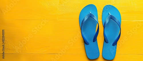 Pair of blue flip-flops with ample copyspace on yellow