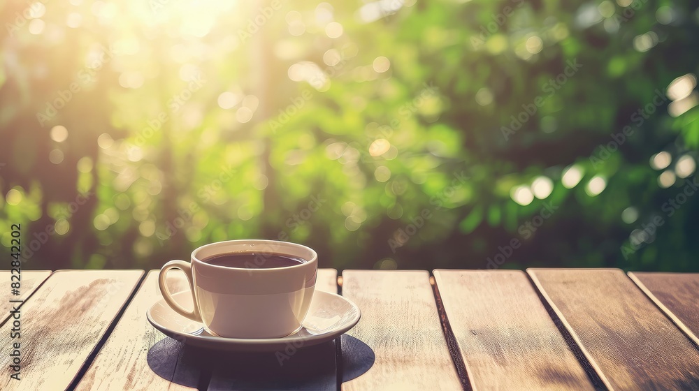 A cup of coffee on wooden table A cup of coffee on wooden table