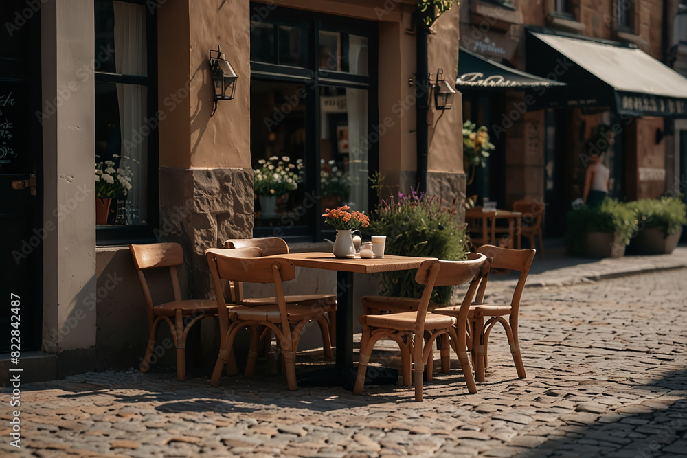 Coffee Shop, Bossa Nova style, cute tables outside, cobblestone road, flowers, daytime, cinematic lighting, moody, realism, photo taken with a canon Eos R5