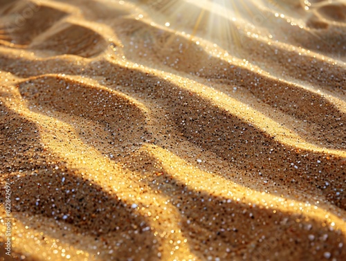 Sand Texture. Close-up of the sunlit texture of beach sand during golden hour.