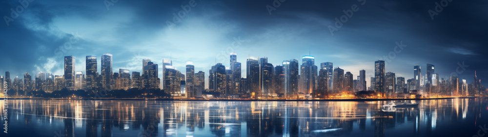 Spectacular Nighttime Cityscape with Waterfront Reflection