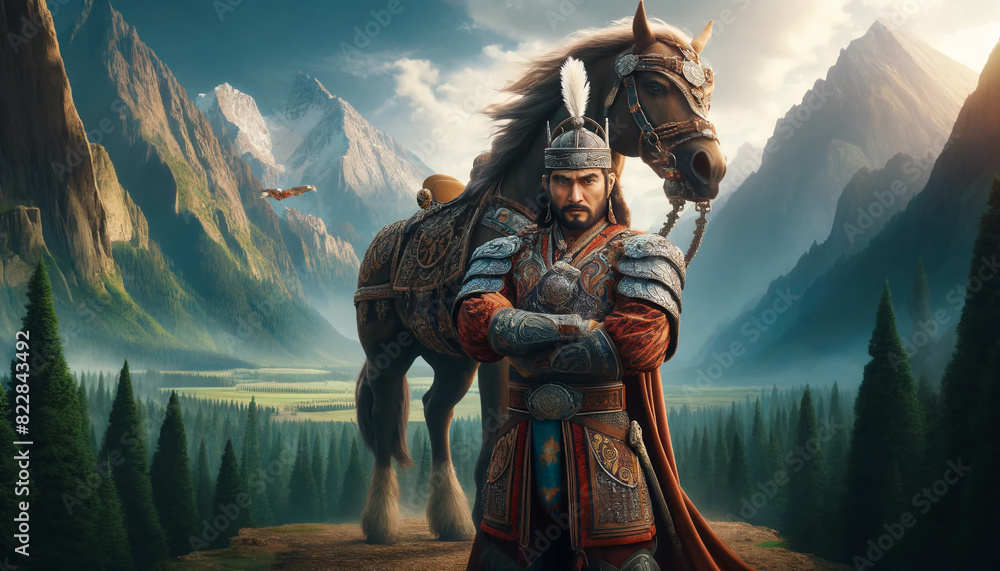 Naklejka premium The legendary hero standing boldly with his arms crossed in front of his powerful horse. Design. Copy space. Cover.