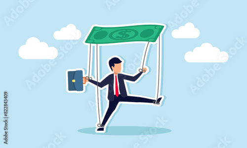 Controlled by money, capitalism, greed, bribery, corruption, and manipulation, concept of Pathetic slave businessman puppet being controlled by money