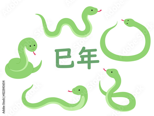 蛇のベクターイラストセット。干支、十二支、へび、年賀