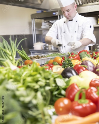 Vibrant Culinary Scene: Young Male Chef Preparing Diverse Fresh Produce in Bright Kitchen, Emphasizing Creativity and Culinary Diversity photo