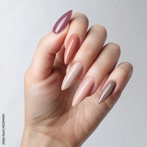 Female hand with elegant colors manicure on neutral background. Beautiful manicure on long almond shaped nails. 