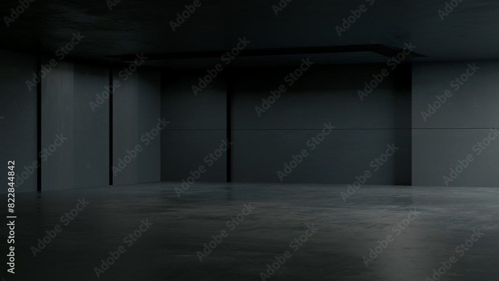 minimalist dark abstract interior design with geometric patterns and sleek textures. Perfect for contemporary spaces. 3D illustration