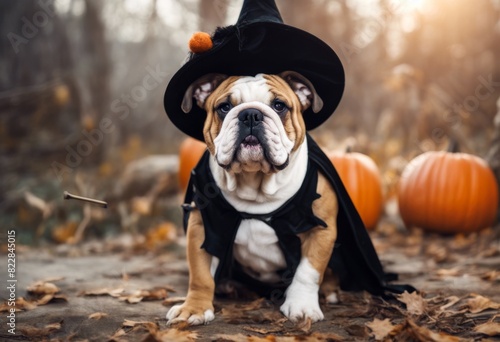 featuring pointed bulldog themed shirt dressed halloween hat adorable design english bulldog witch with broomstick photo