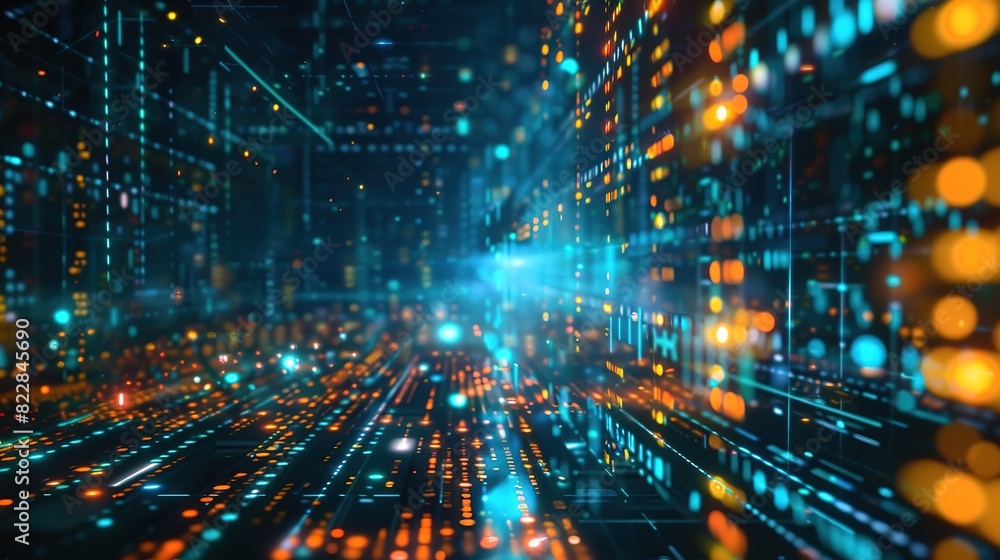 Naklejka premium Abstract Digital Background Featuring Binary Code and AI Algorithms. High-Tech Design with Flowing Data Streams and Futuristic Elements.