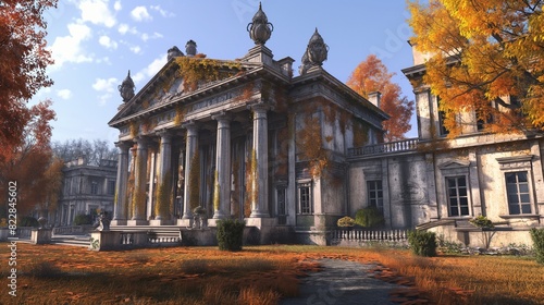 A grand manor with classical architecture, featuring towering columns and detailed stonework, set in an expansive estate during autumn. 32k, full ultra hd, high resolution