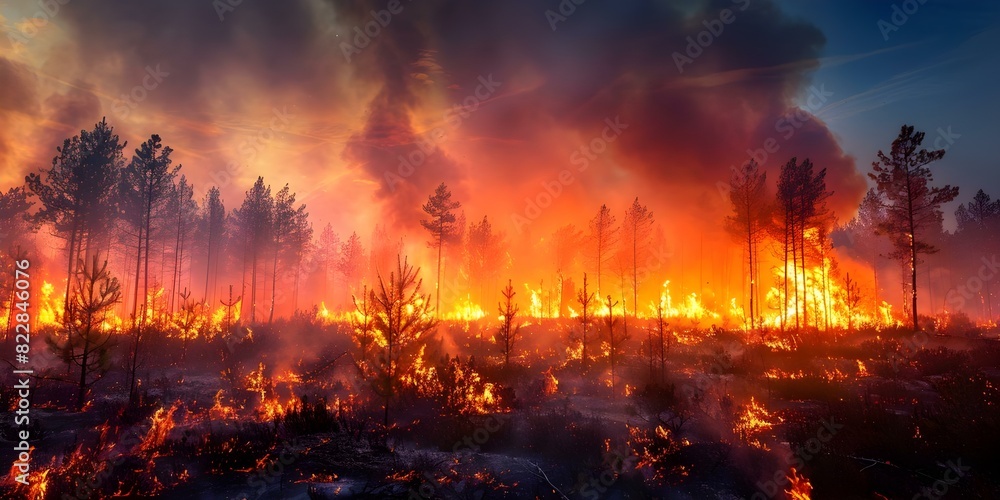 Devastating forest fire ravages pine trees during dry season with global consequences. Concept Natural Disasters, Forest Fires, Environmental Impact, Global Consequences, Wildfire Prevention