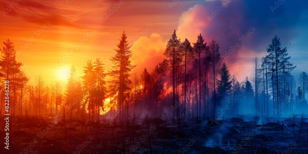 Pine forest ravaged by wildfire during dry season in the midst of global environmental crisis. Concept Forest Fires, Environmental Crisis, Climate Change, Devastation, Pine Forest