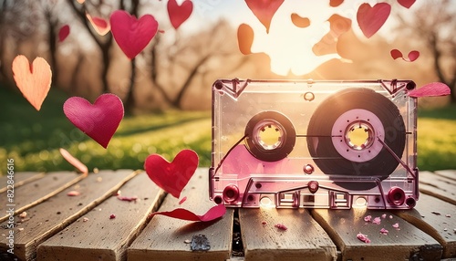 Vintage Cassette Tape Surrounded by Hearts