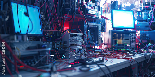 The Clandestine Hacker's Haven: A disheveled workspace cluttered with tangled cords and multiple monitors, revealing a hacker's arsenal of sophisticated equipment.