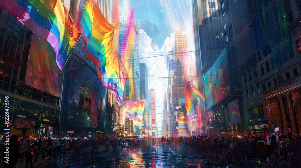 Naklejka premium American Solidarity, Parades, rainbow-colored fantasy illustrations, contemporary digital landscape paintings, High-def