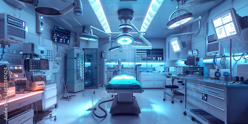 Synthesized Symphony of Surgical Science: In a spotlessly clean operating room, state-of-the-art medical technologies and equipment harmoniously blend with traditional surgical instruments, creating a
