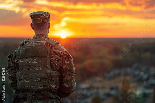 A soldier in camouflage uniform stands guard at sunset, overlooking a serene landscape. Military presence during peaceful hours.