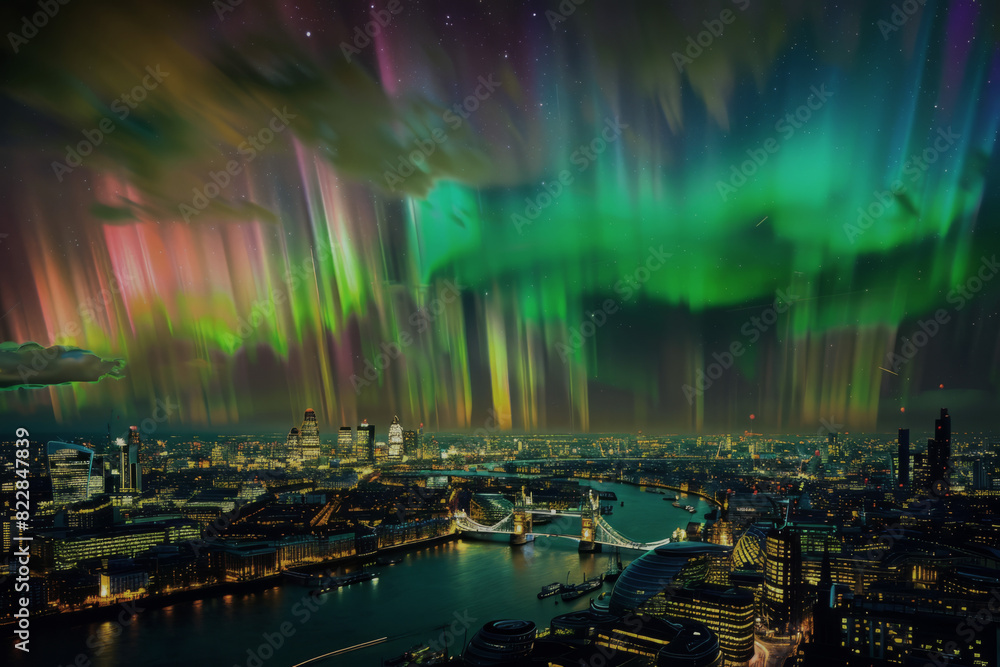 northern lights, Aurora Borealis seen over the city of london