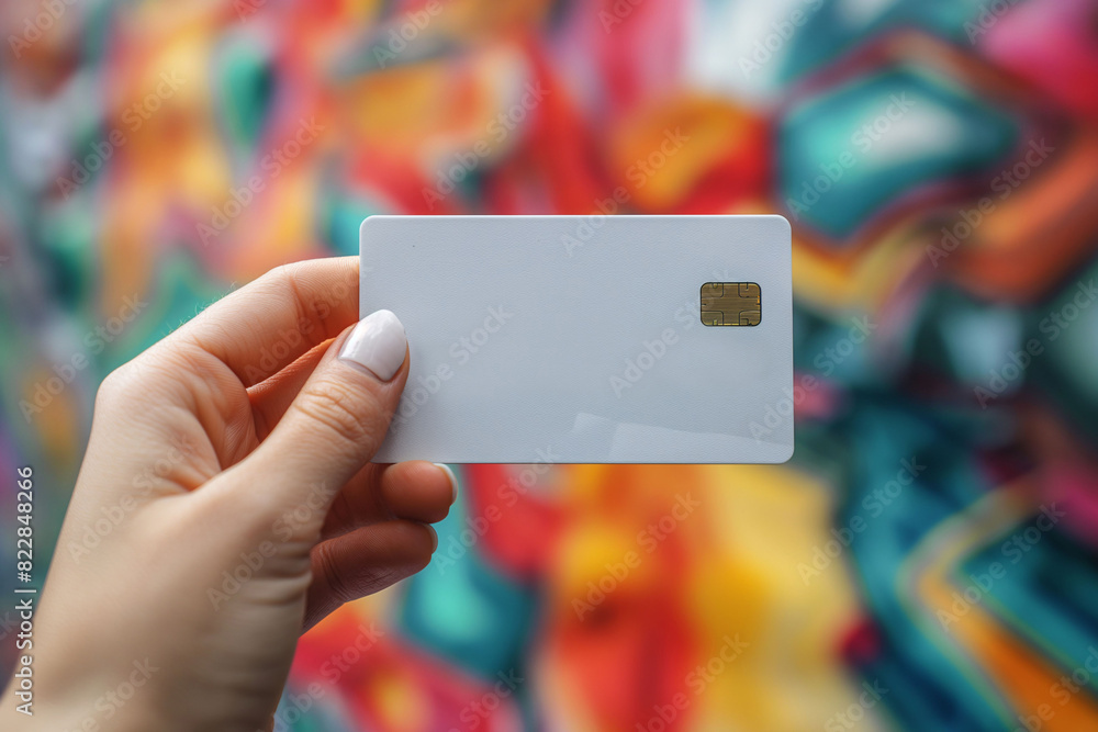 Hand holding a blank credit card with a chip on a background with colorful graffiti Hand holding a blank credit card with a chip on a background with colorful graffiti