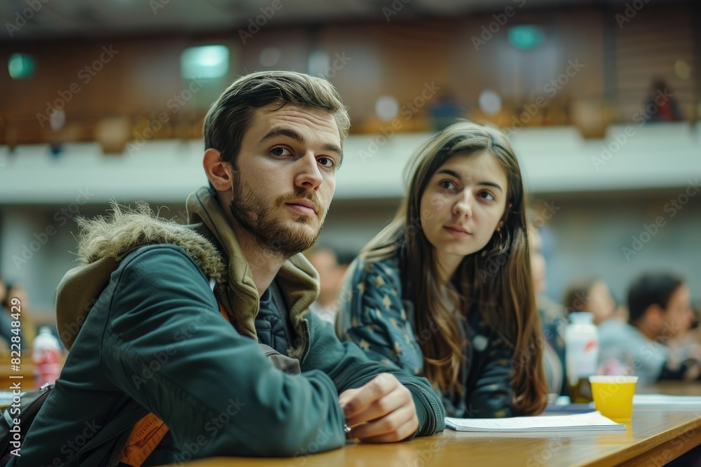 A man and a woman sitting at a table in a lecture hall, capturing a moment of learning and discussion.
A man and a woman sitting at a table in a lecture hall, capturing a moment of learning and discussion.