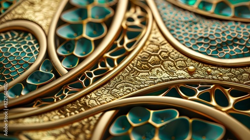 Close-up of intricate, artistic metal design with gold and teal elements and various textures, reflecting elegance and craftsmanship. photo