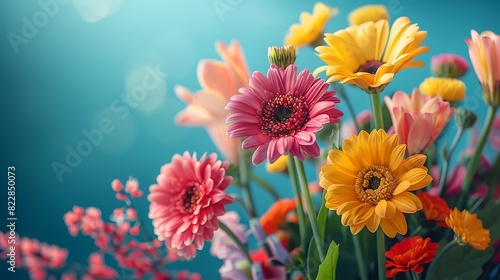 A bouquet of colorful flowers on a blue background.